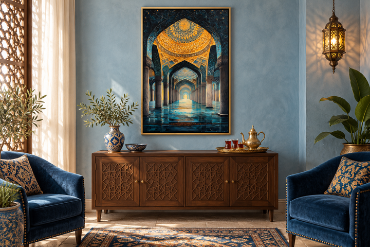 Middle Eastern Mosque Framed Canvas Wall Art in a blue and gold interior setting.