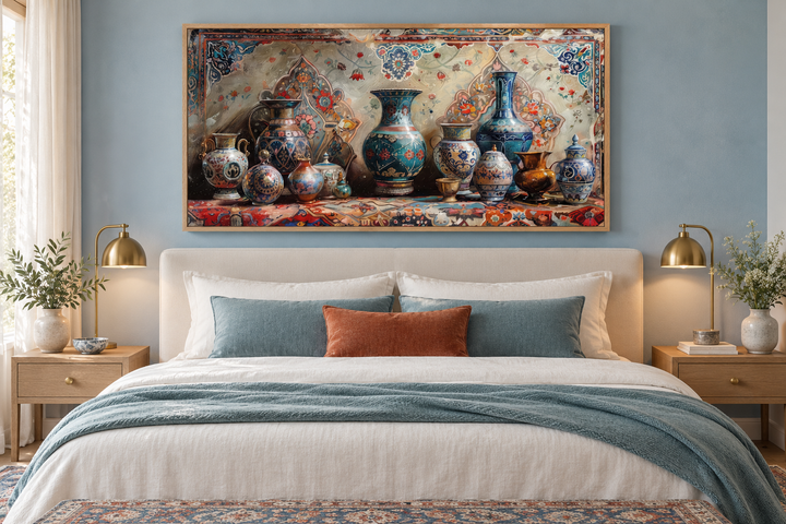 Middle Eastern Pottery Framed Canvas Wall Art above a bed in a blue bedroom with oak nightstands.