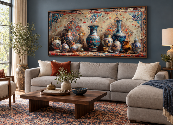 Middle Eastern Pottery Framed Canvas Wall Art above a grey sectional sofa in a modern living room.