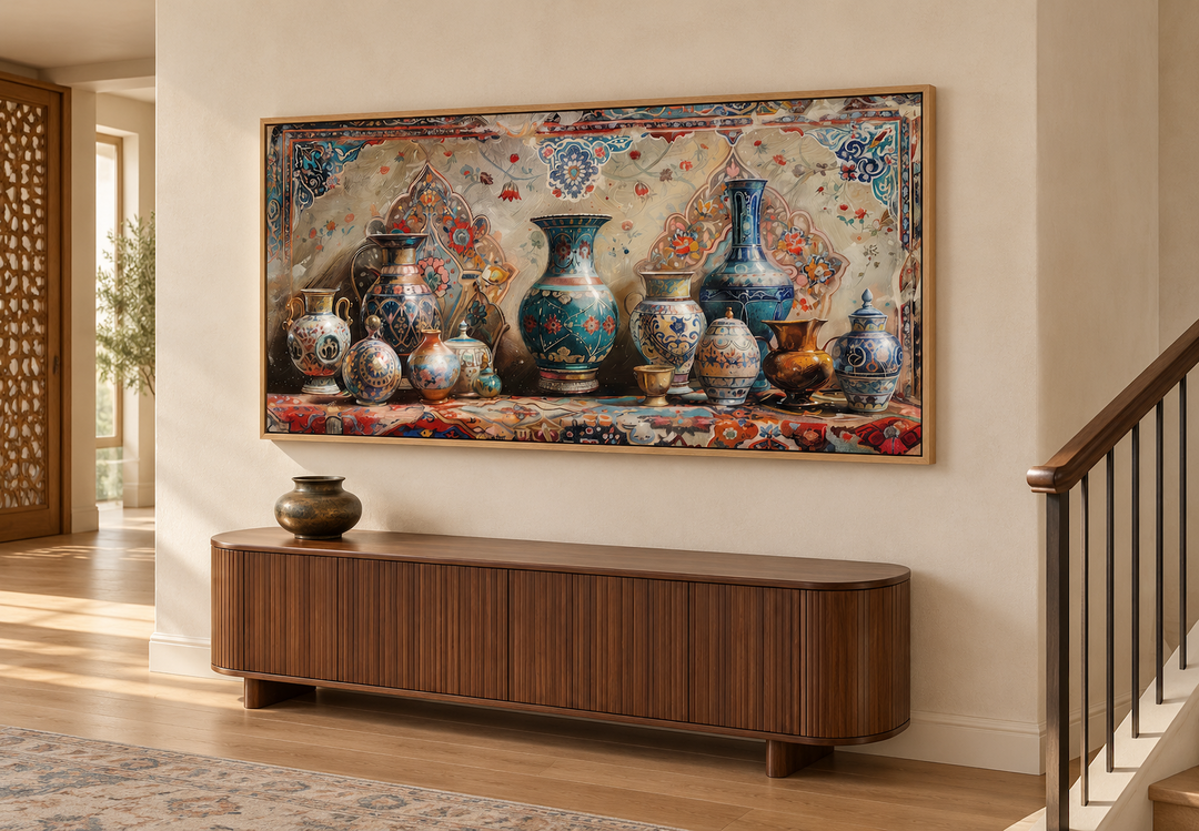 Middle Eastern Pottery Framed Canvas Wall Art above a wooden console in a modern home interior.
