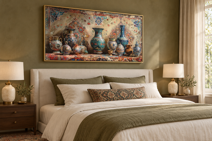 Middle Eastern Pottery Framed Canvas Wall Art above a bed in an olive green and cream bedroom.
