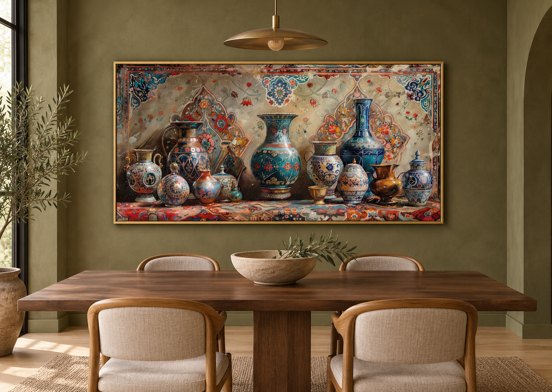 Middle Eastern Pottery Framed Canvas Wall Art above a dining table in an olive green room.