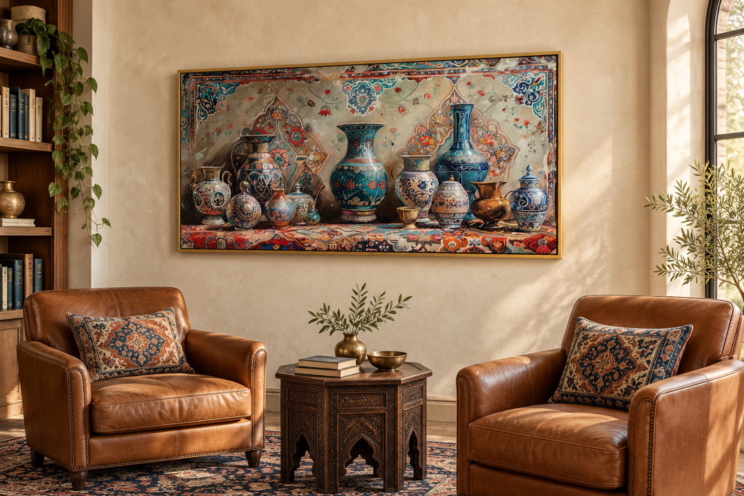 Middle Eastern pottery framed canvas wall art above leather chairs in a warm, traditional room.