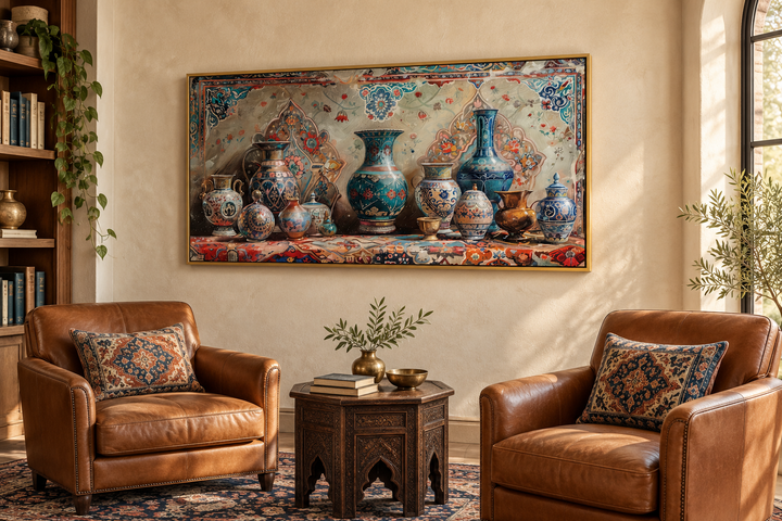 Middle Eastern pottery framed canvas wall art above leather chairs in a warm, traditional room.