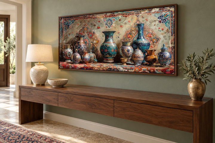 Middle Eastern Pottery Framed Canvas Wall Art above a walnut console table in a sage green room.