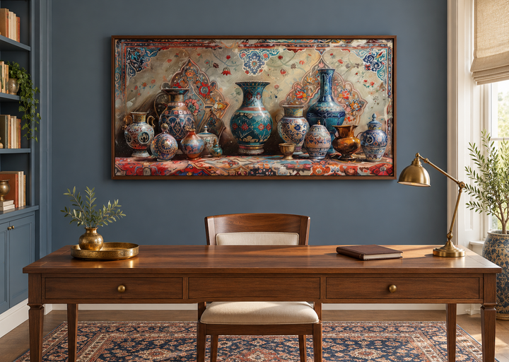 Middle Eastern Pottery Framed Canvas Wall Art above a wooden desk in a blue study.