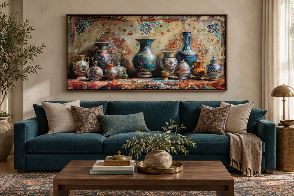 Middle Eastern Pottery Framed Canvas Wall Art above a teal sofa in a living room.