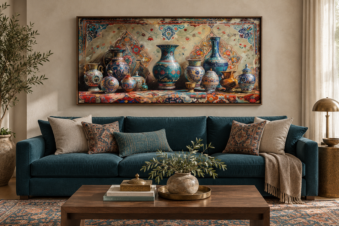 Middle Eastern Pottery Framed Canvas Wall Art above a teal sofa in a living room.
