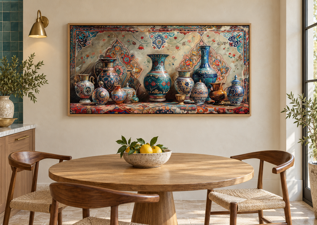 Middle Eastern Pottery Framed Canvas Wall Art above a wooden dining table with chairs.