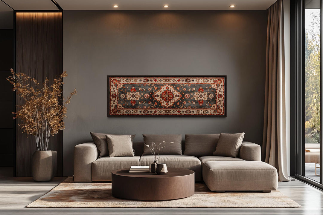 Middle Eastern Rug Style Long Horizontal Red Cream Canvas Wall Art