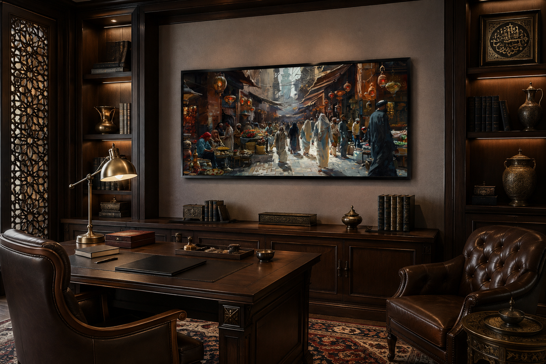 Middle Eastern fruit bazaar framed canvas wall art in a dark wood office setting.