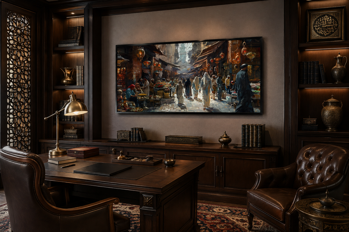 Middle Eastern fruit bazaar framed canvas wall art in a dark wood office setting.