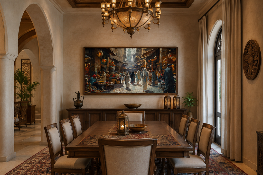 Middle Eastern fruit bazaar framed canvas wall art in a dining room with traditional decor.