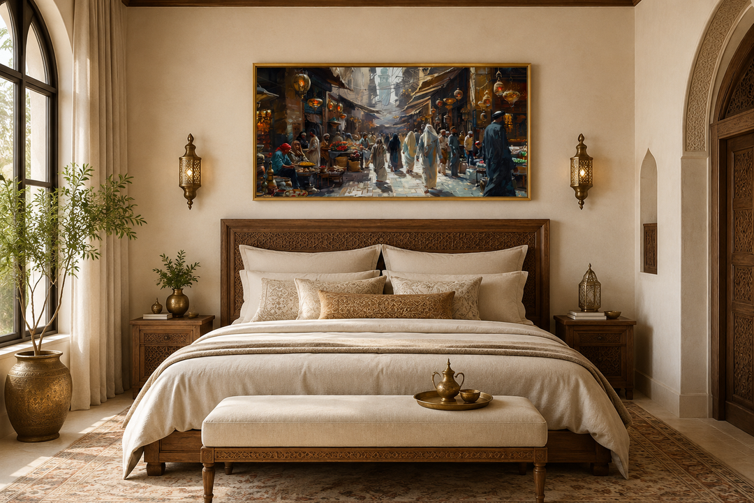 Middle Eastern fruit bazaar framed canvas wall art above a bed in a neutral-toned bedroom.
