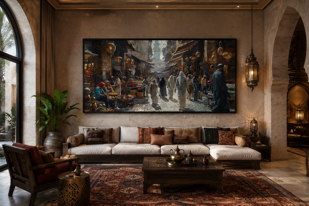 Middle Eastern fruit bazaar framed canvas wall art hanging above a sofa in a living room.
