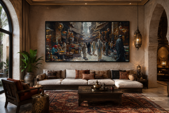 Middle Eastern fruit bazaar framed canvas wall art hanging above a sofa in a living room.