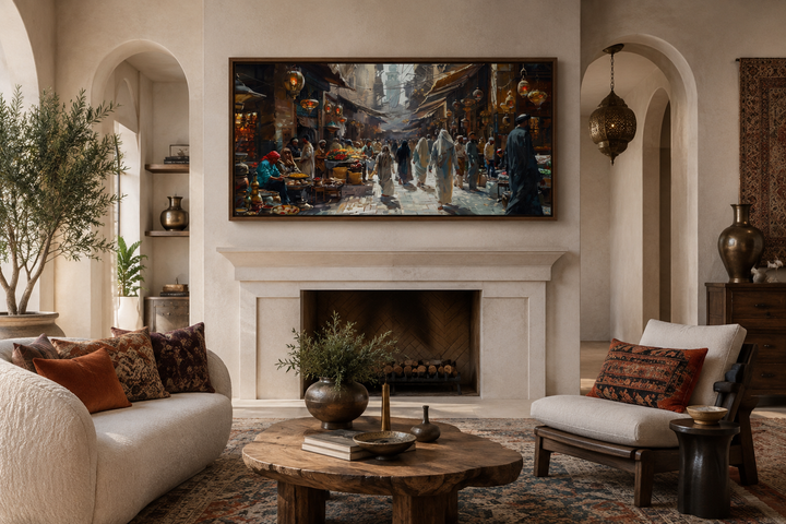 Middle Eastern fruit bazaar framed canvas wall art hanging above a fireplace in a living room.