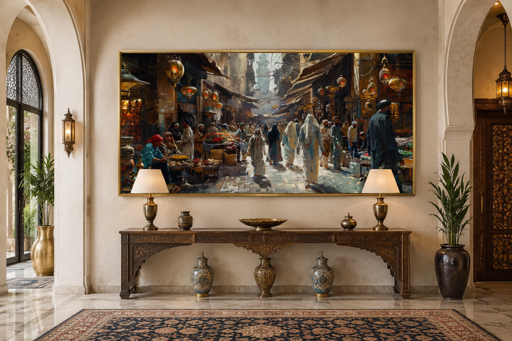 Middle Eastern fruit bazaar framed canvas wall art above a console table in a grand hallway.