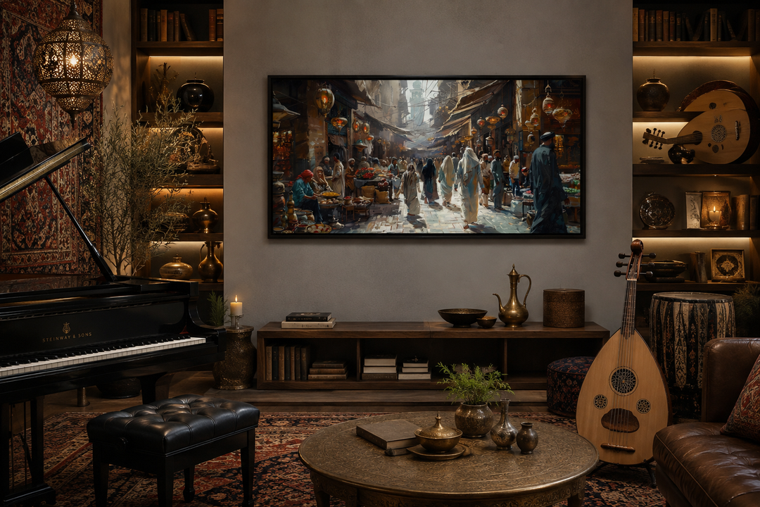 Framed canvas wall art of a vibrant Middle Eastern bazaar scene in a traditional living room.