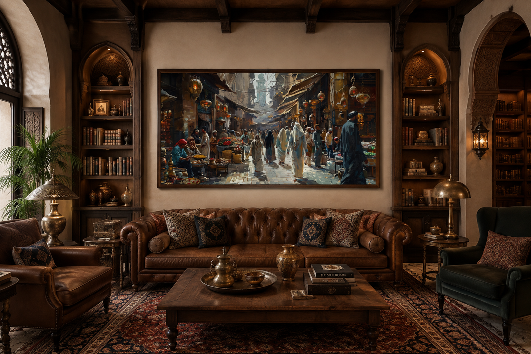 Framed canvas wall art of a bustling Middle Eastern bazaar scene above a brown leather sofa.