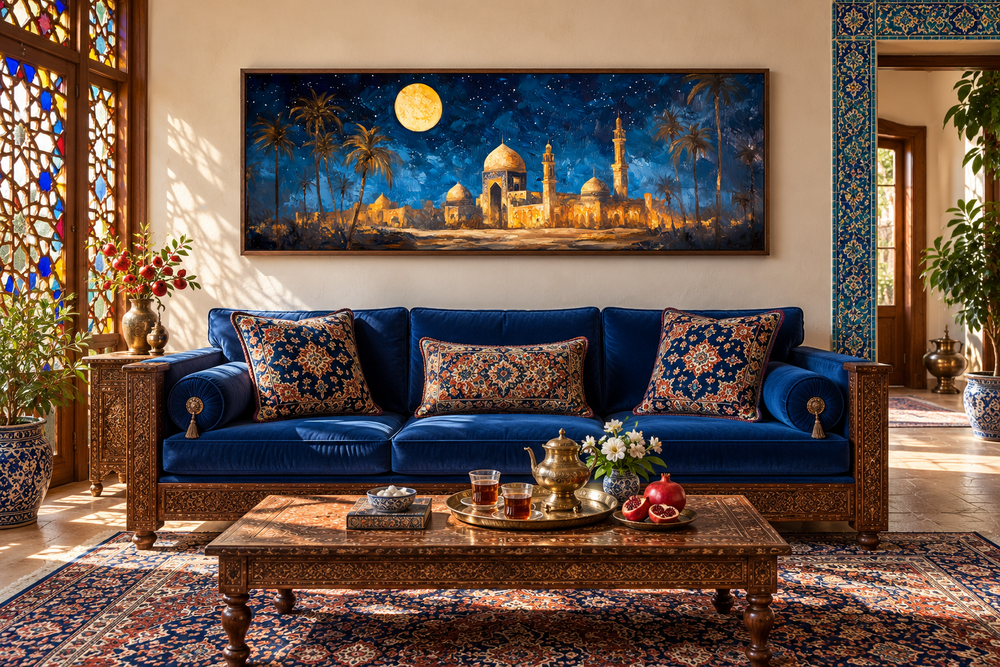 Long horizontal canvas of Arabic architecture at night with a full moon above a blue velvet sofa.