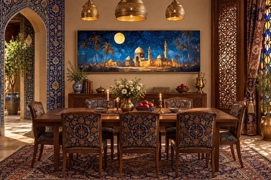 Long horizontal canvas of Arabic architecture under a full moon in a Middle Eastern dining room.