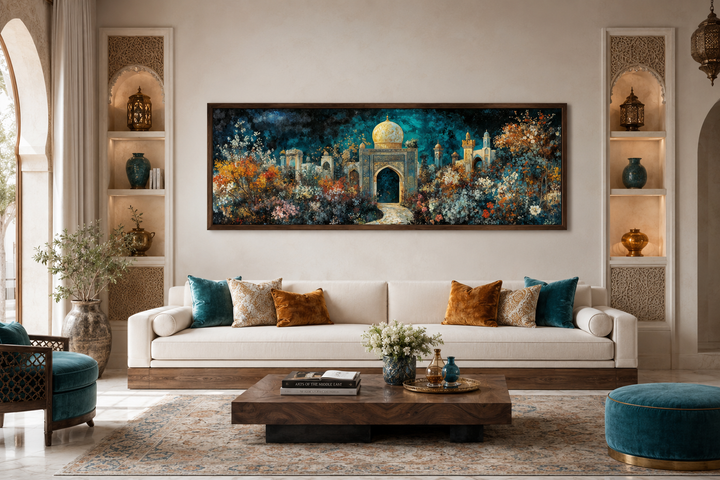 Panoramic Persian Teal Gold canvas art of a floral palace garden above a white sofa in a living room
