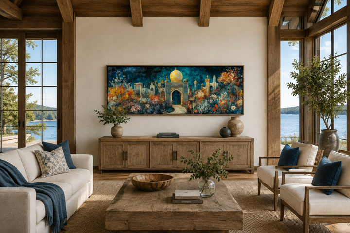 Panoramic floral palace canvas print in teal and gold, displayed in a rustic modern living room.