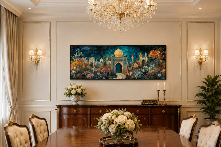 Panoramic Persian Teal Gold canvas print of a floral palace garden above a dining room sideboard.