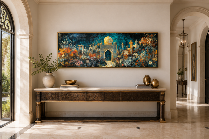 Panoramic Persian teal and gold canvas art of a floral palace garden above a wooden console table.