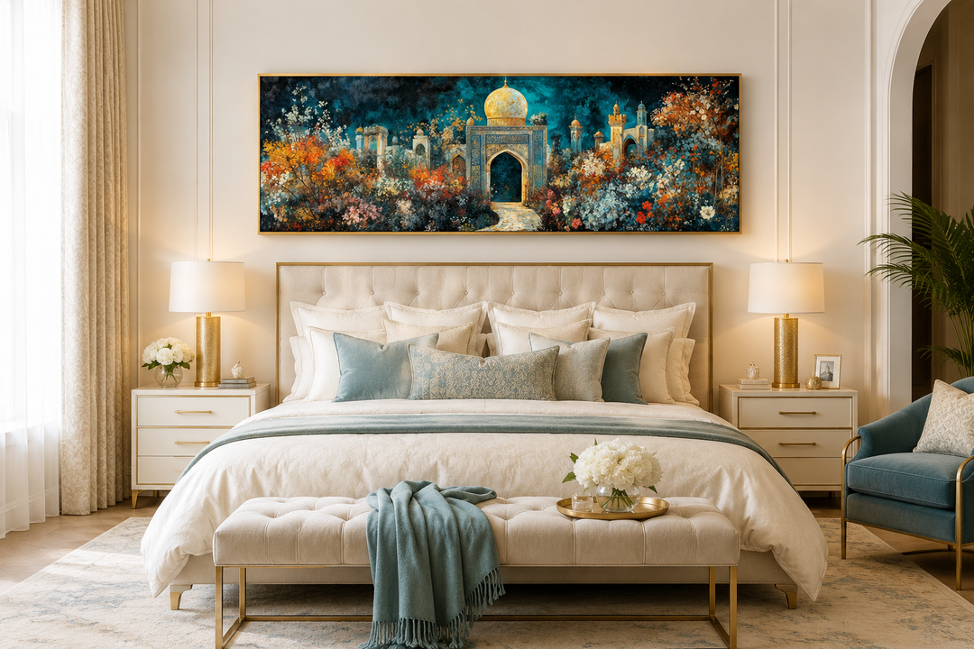 Panoramic Persian Teal Gold canvas art featuring a floral palace garden above a neutral bed.