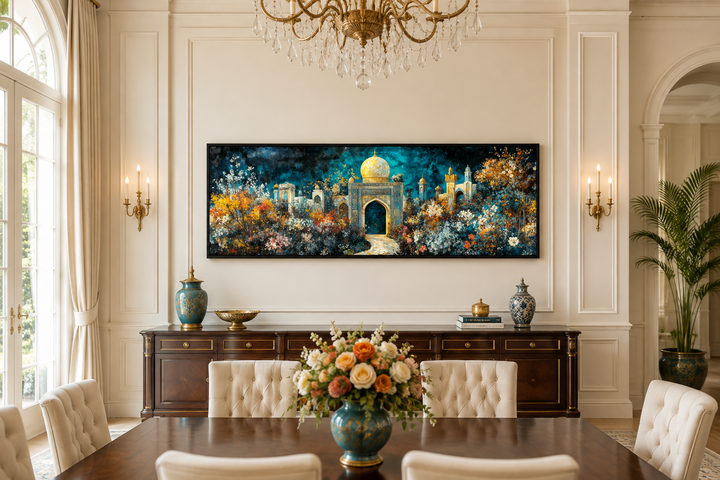 Panoramic Persian teal and gold canvas art featuring a floral palace garden above a dining buffet.