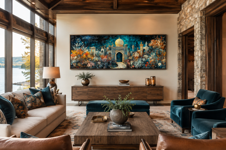 Panoramic Persian Teal Gold canvas art featuring a floral palace garden above a wooden sideboard.