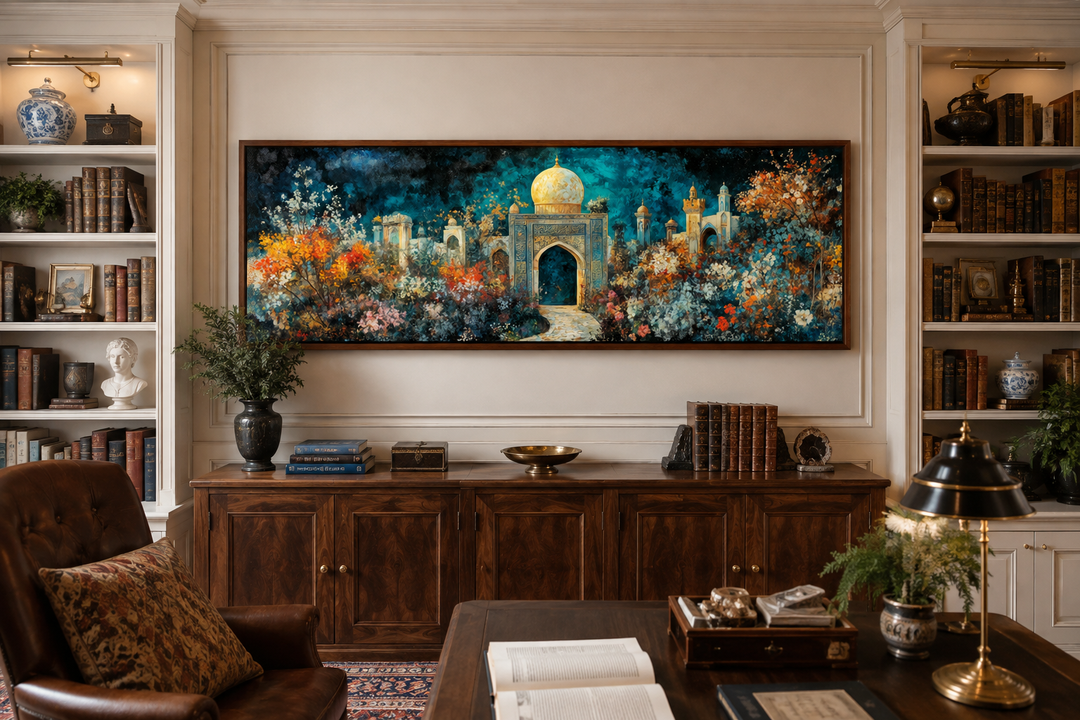 Panoramic Persian Teal Gold canvas print of a floral palace garden above a wooden sideboard.