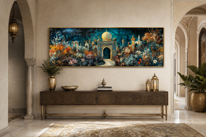 Panoramic Persian Teal Gold canvas print of a floral palace garden above a dark wood console table.