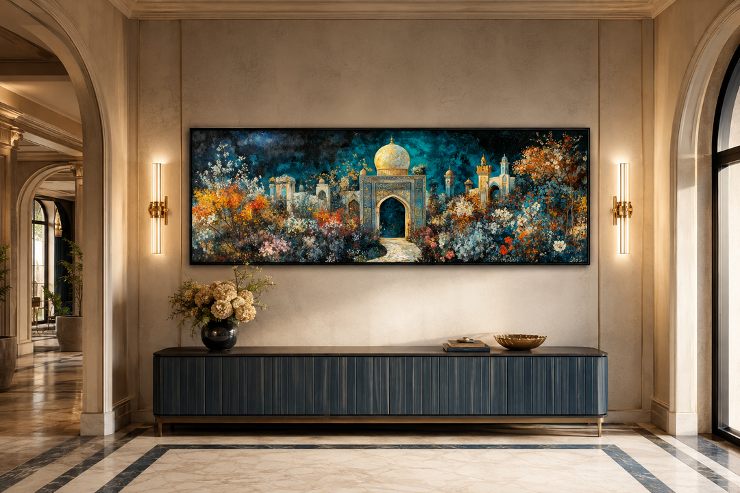 Panoramic Persian Teal Gold canvas art featuring a floral palace garden above a dark blue sideboard.