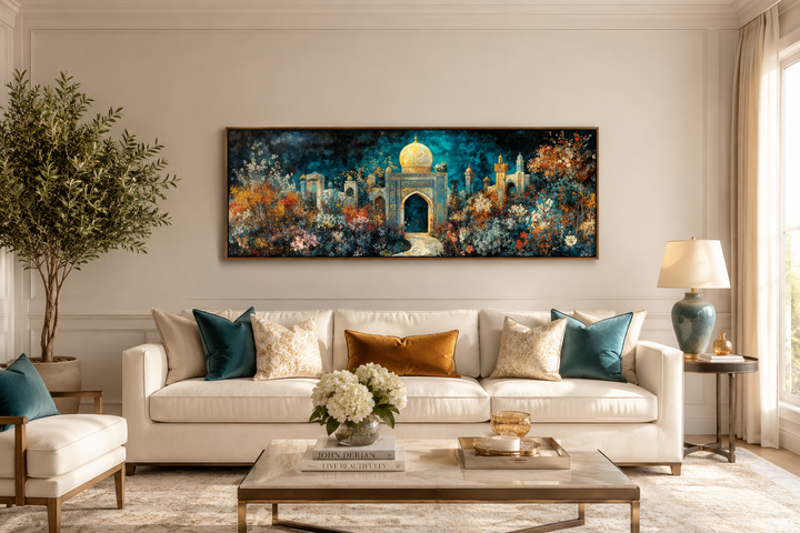 Panoramic Persian teal and gold canvas art of a floral palace garden above a white sofa.