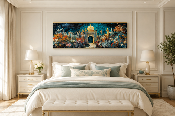 Panoramic Persian Teal Gold canvas art with a floral palace design above a bed in a neutral room.