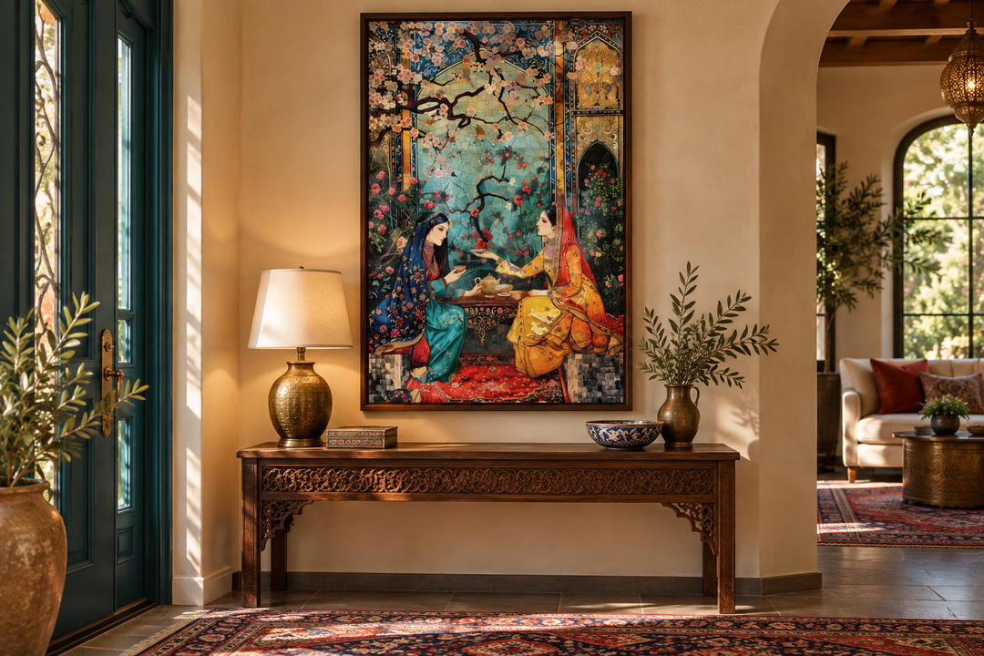 Persian Women Tea Ceremony Middle Eastern framed canvas wall art in a warm, traditional entryway.