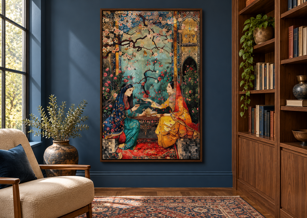Persian Women Tea Ceremony framed canvas wall art in a blue room with a bookshelf and armchair.