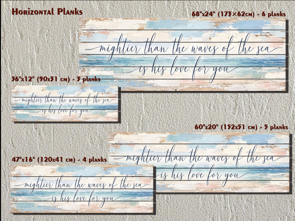 Four sizes of distressed wood wall art with coastal blue and white planks and religious script.