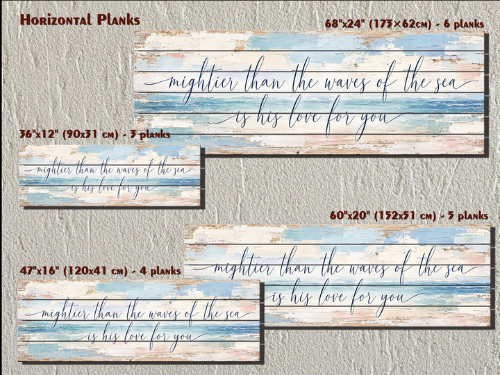 Four sizes of distressed wood wall art with coastal blue and white planks and religious script.