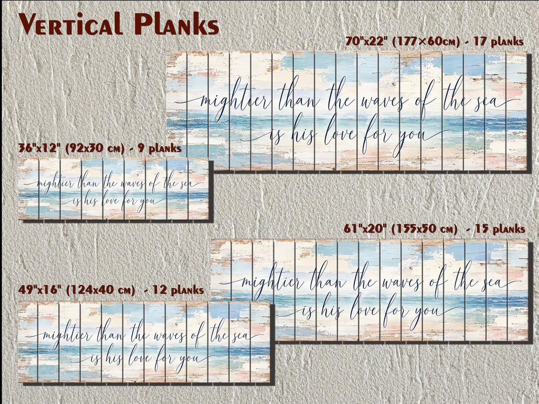 Four sizes of vertical plank wood wall art featuring coastal sea art and a religious quote.