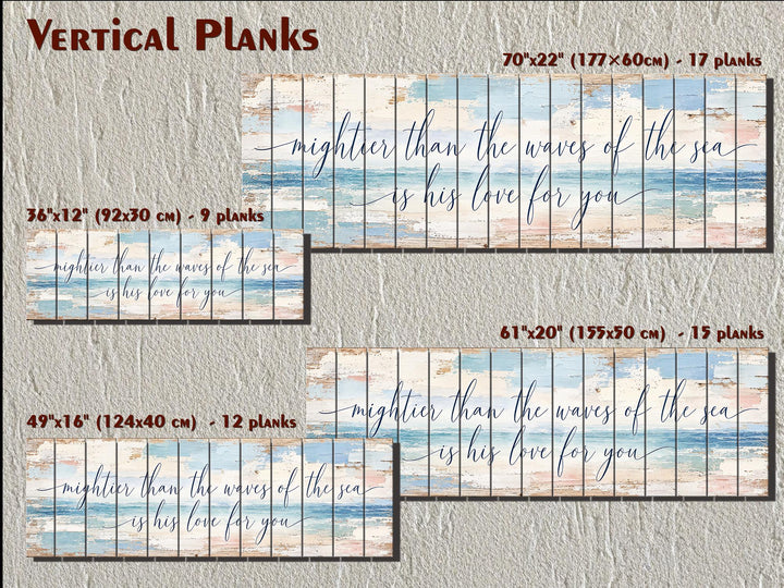 Four sizes of vertical plank wood wall art featuring coastal sea art and a religious quote.