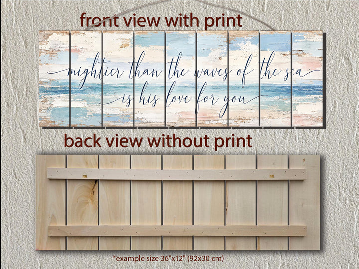 Front and back view of a horizontal wood sign with coastal art and religious script text.