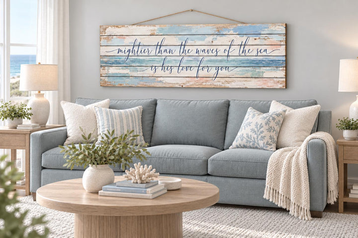 Mightier Than the Waves of the Sea distressed wood wall art above a blue sofa in a coastal room.