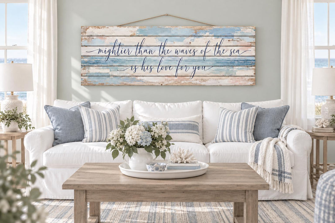 Mightier Than the Waves of the Sea distressed wood wall art above a white sofa in a coastal room.