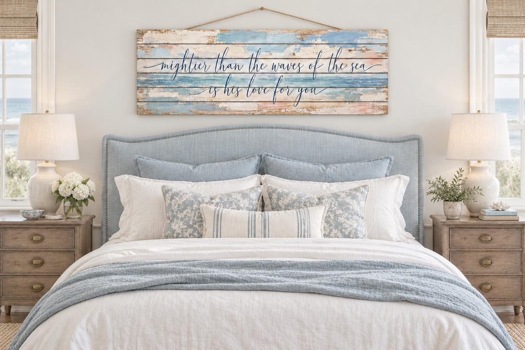 Mightier Than the Waves of the Sea Distressed Wood Long Narrow Above Bed Wall Art in a bedroom.