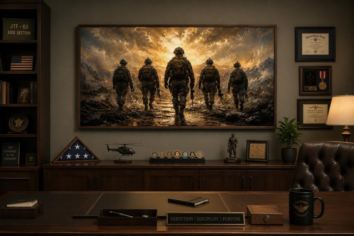 Military canvas print of five soldiers walking in gear against a dramatic, glowing sunset sky.