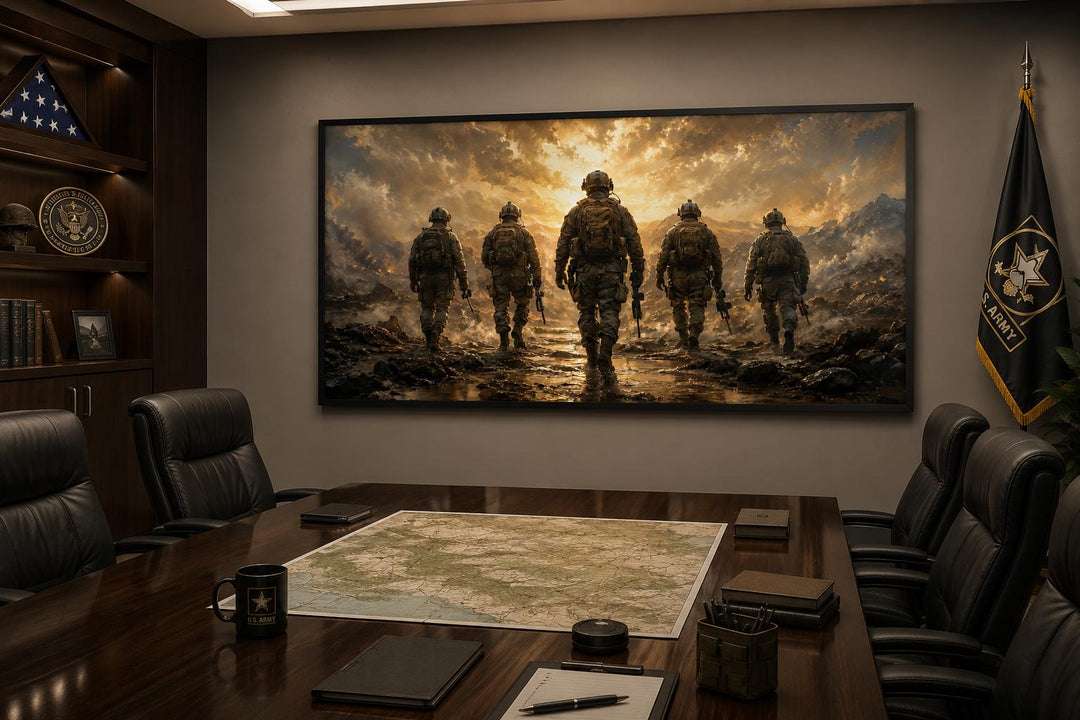 Military canvas print of five soldiers walking in full gear against a dramatic sunset sky.